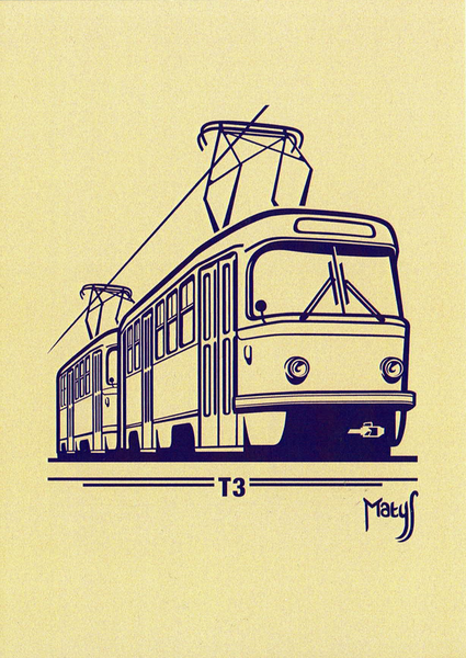Eine Tatra T3-Straßenbahn auf beigen Hintergrund in einer skizzenähnlichen Darstellung mit klaren Linien. Die Sicht ist von schräg vorne. Man kann ein wenig die Stromabnehmer und die Oberleitung sehen. Unter der Straßenbahn steht ein wenig verschnörkelt und mit etwas Bordüre T3.