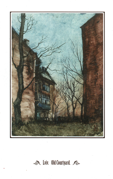 Eine Zeichnung. Man kann einen alten Hinterhof erkennen, an dessen Seiten alte, dunkle Häuser stehen. In der Mitte kann man mehrere Bäume ohne Blätter erkennen. Der Himmel ist ein grau gehalten. Unter dem Bild steht »Old Courtyard« geschrieben.