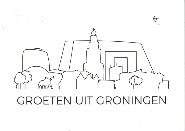 Man kann Bauwerke angedeutet in ihren Silhouetten als Strichzeichnungen in Schwarz auf einem weißem Hintergrund sehen. 
Darunter steht in Drucklettern Groten uit Groningen