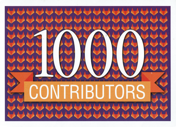 Eine Karte mit einem Muster aus dem gitlab-Logo im Hintergrund und davor 1000 Contributors in einer feierlichen Weise: Die 1000 als große Zahl, Contributors als Schriftzug auf der Binde darunter.