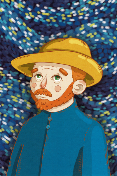 Ein Portrait von Vincent van Gogh auf blauen Hintergrund in seinem Stil gezeichnet.