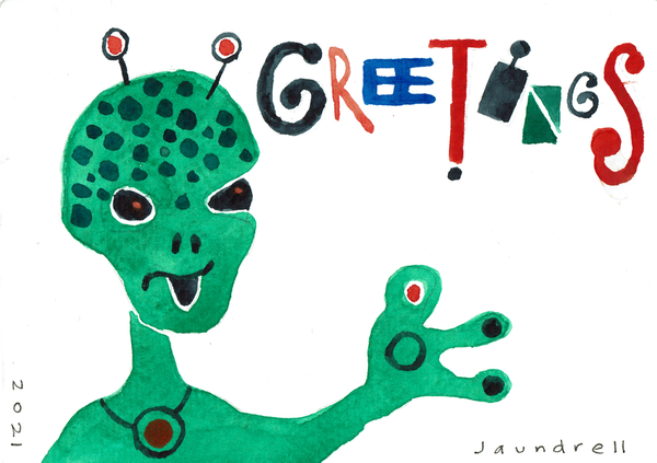 Ein grünes Alien winkt mit drei Fingern und Antennen am Kopf mit einer bunten Schrift Greetings
