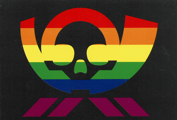 Das CCC-Pesthörnchen-Logo (das alte Logo der Bundespost ein wenig verfremdet, so dass es im inneren wie ein totenschädel aussieht) in Regenbogenfarben.