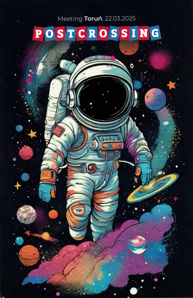 Man kann einen Astronauten im Anzug, schwebend im All sehen. Darum etwas sphärisch Palenten und ein Nebel. In dem Nebel befindet sich die Erde. Darüber steht Postcrossing  und Meeting Toruń 22.03.2025